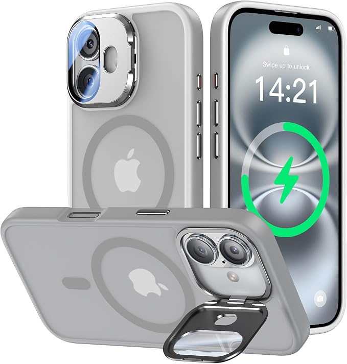 VOFATA [Upgraded] for iPhone 16 Case with Camera Cover Stand [Fit for MagSafe][9H Camera Lens Protector] Mil-Grade Protection Translucent Matte Silicone Magnetic iPhone 16 Phone Case, Grey by VOFATA