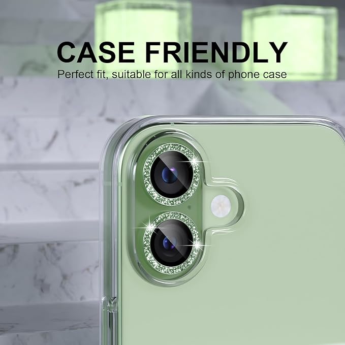 Choiche for iPhone 17 Camera Lens Protector Bling, Glitter-Green | Ultra HD, 9H Tempered Glass Camera Cover Screen Protector Metal Individual Ring Decoration Accessories, 2-Lens, 6.3-inch - Image 4