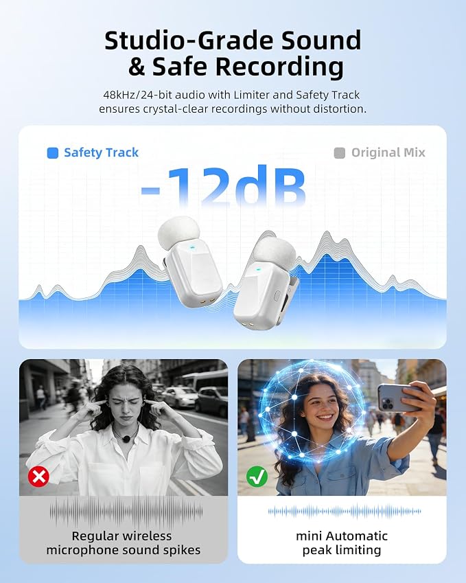 mini 2 Wireless Lavalier Microphones for iPhone 16/17 & Android, AI Noise Cancellation, App Control, 30H Battery with Charging Case, Lapel Microphone Wireless for Video Recording White - Image 4