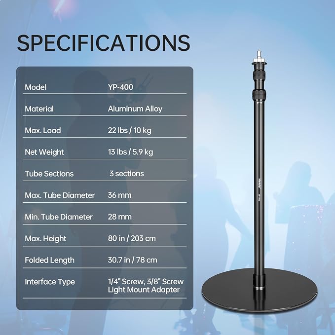 YP-400 Light Stand, 80” Monopod for Camera, LED Light, Heavy Duty Aluminum Alloy 36mm Tubes Metal Round Base with 1/4” Screw, 3/8” Screw & Light Mount Adapter Studio Stage - Image 7