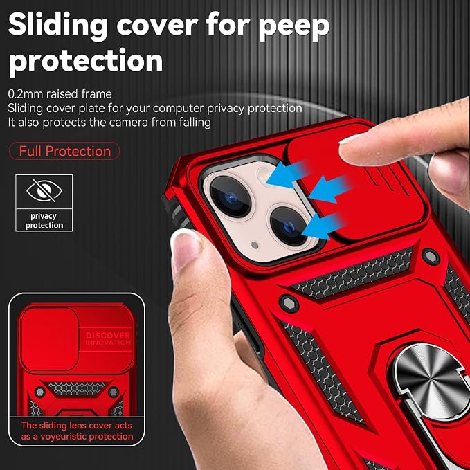 HNHYGETE for iPhone 13 Case with HD Screen Protector: [Military Grade 20ft. Drop Tested] Slide Camera Cover Ring Shockproof Protective Phone Case for - iPhone 13 (Red) - Image 4
