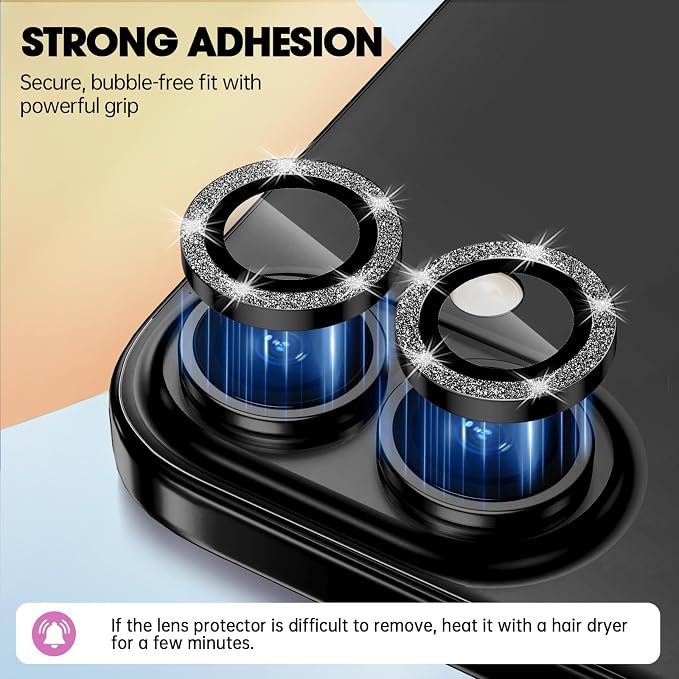 for iPhone 16/16 Plus Camera Lens Protector Bling Glitter, Black | Individual Metal, 9H Hardness, Scratch Resistant, Shockproof, Drop Protection, Case Friendly, Stylish Accessories - Image 5