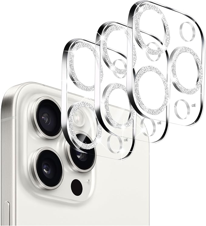 Dengduoduo 3 Pack Tempered Glass Camera Lens Protector for iPhone 15 Pro 6.1" & for iPhone 15 Pro Max 6.7", Bling Glitter Ultra HD, 9H Hardness, Anti-Scratch, Case Friendly [No Affect on Night Shots] by Dengduoduo