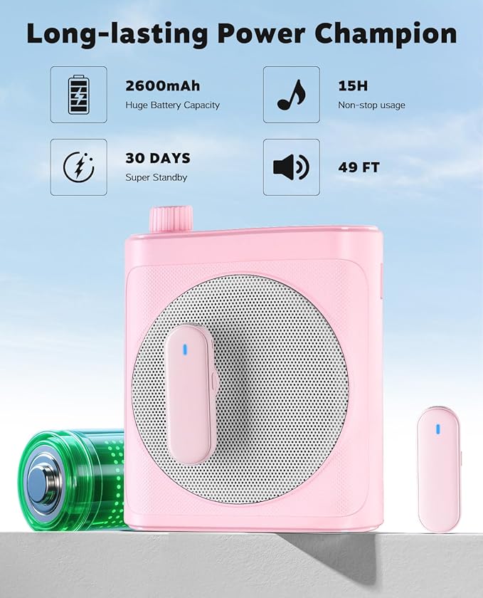 Tearstone Voice Amplifier for Teachers with Bluetooth, Dual Magnetic Mics | Portable Rechargeable Speaker with Clip-On Lapel Microphones for Classroom, Tour Guide, Public Speaking, Training (Pink) - Image 4