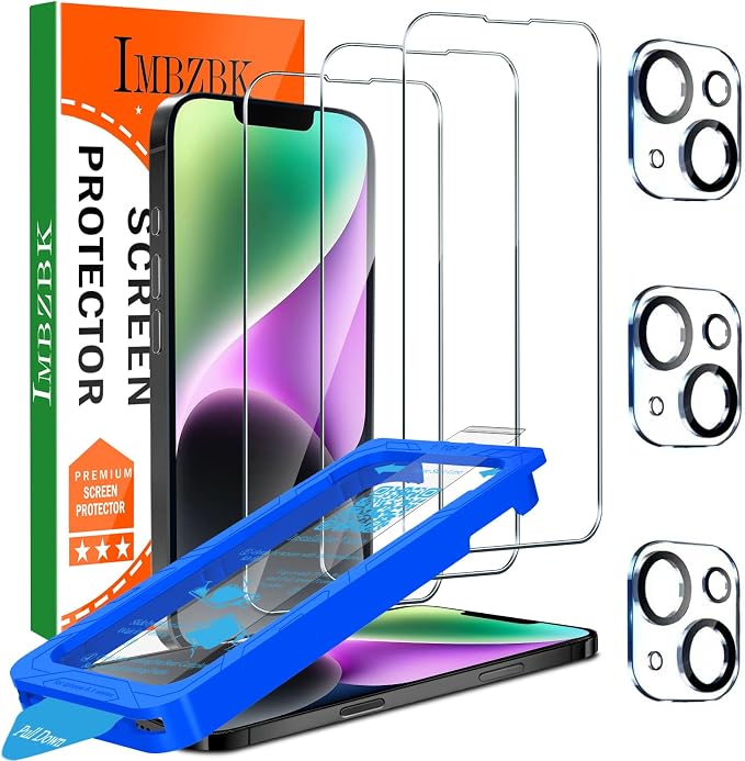 IMBZBK for iPhone 14 Screen Protector, Tempered Glass, 3+3 Pack | 9H+ Hardness, Military Grade Shatterproof, Case Friendly, Bubble Free Auto-Dust Removal, with 3 Camera Lens Protectors by IMBZBK