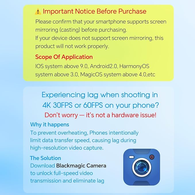 Vlog Selfie Monitor Screen iPhone, Screen Mirroring with Remote Control | 4K 60fps Recording, Magnetic Fixation, 180° Rotation, 3 Levels of Brightness, Compatible with iPhone & Android - Image 8