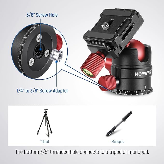 NEEWER Tripod Head, 360° Rotating Panoramic Ball Head with 1/4” Quick Shoe Plate for Tripod Monopod Slider DSLR Camera Camcorder, Max Load up to 5kg/11lb – GM28 - Image 5
