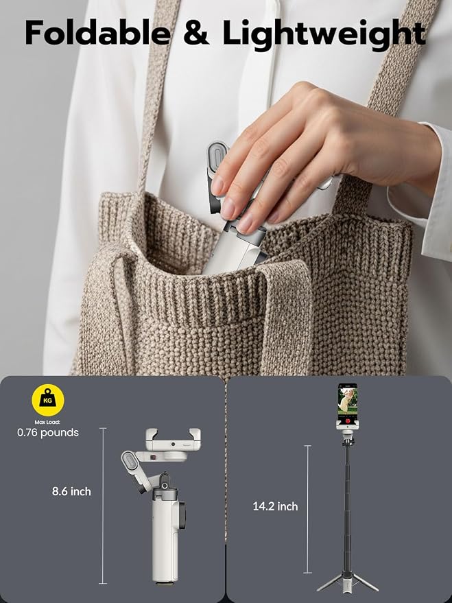 AOCHUAN 360° Rotation Gimbal Stabilizer for iPhone w/14.2" Extension Rod | Wireless Remote Face/Object Tracking Gimbal, 4 in 1 Phone Gimbal w/One-Touch Open Tripod for TikTok-M3 Promini White - Image 4