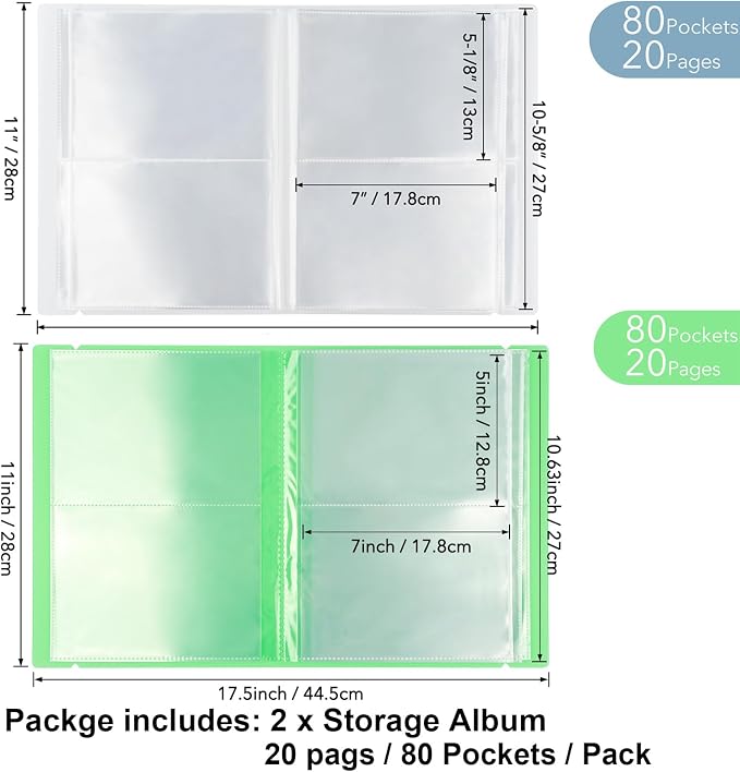 2 Pack Large Sticker Photo Storage Album, Stamp & Cutting Dies Storage Book Organizer Folder for Cards Storage DIY Scrapbooking Card Making Supplies 20 Pages 80 Pockets/Pack (Clear + Green) - Image 2