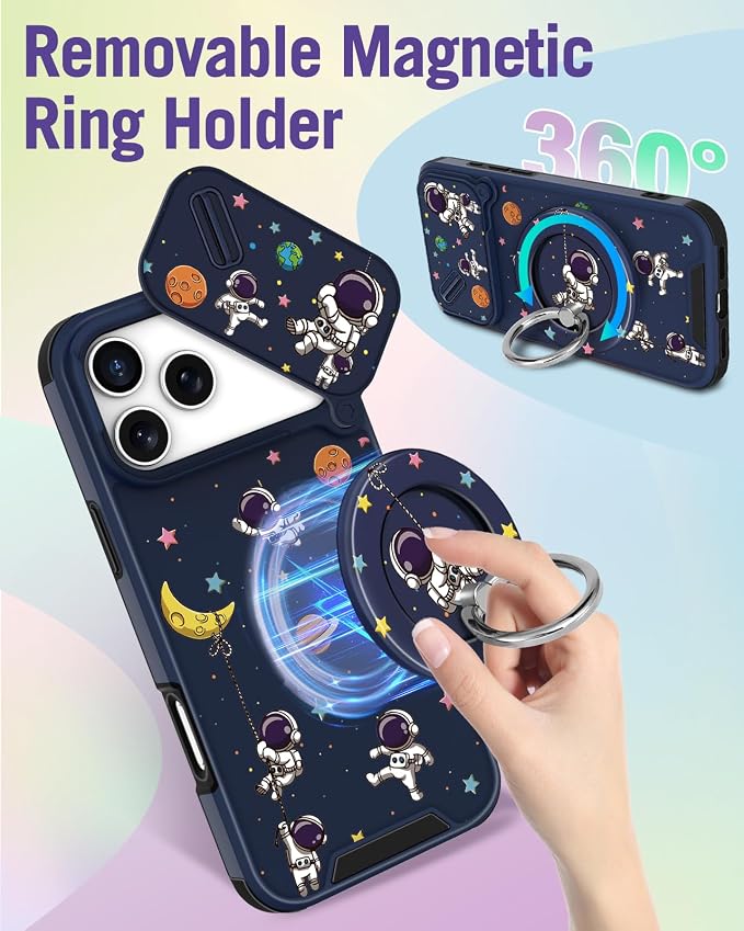 Buleens for iPhone 17 Pro Case 6.3 Inch - with Ring Stand & Camera Cover Aesthetic Cute Designed for Women Girls Girly Cartoon Astronaut Teens Phone Case for iPhone 17 Pro Compatible with Magsafe - Image 5