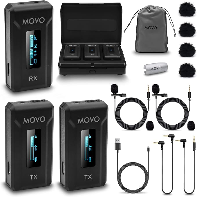 Movo WMX-2-DUO Wireless Camera Microphone Lapel Mic with Charging Case - Lav Mic, Wireless Lapel Microphone 2.4GHz Lavalier, Lav Mic for Vlogging, DSLR, Computer by Movo