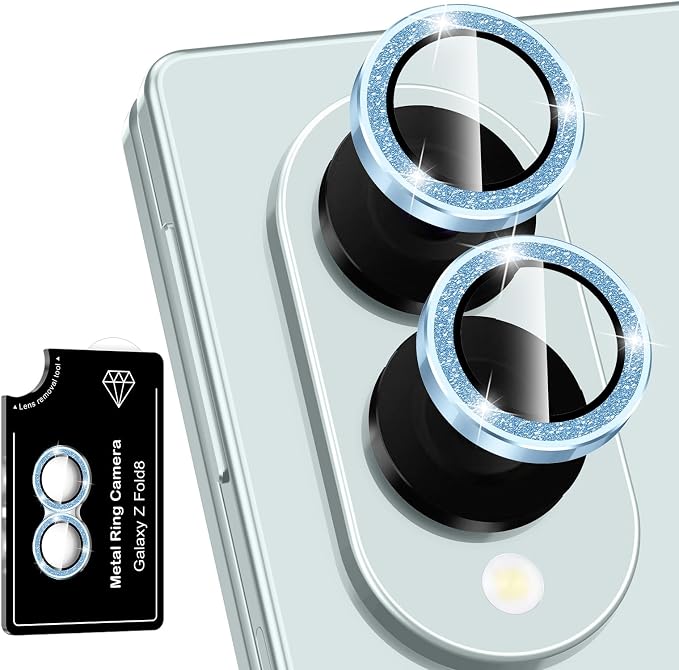 for Samsung Galaxy Z Fold 8 Camera Lens Protector, Individual Metal Ring Tempered Glass Lens Cover, [Strong Adsorption] Scratch Resistant Ultra-Thin HD Clear Lens Cover,1 Set-Blue Sparkly by Btscase