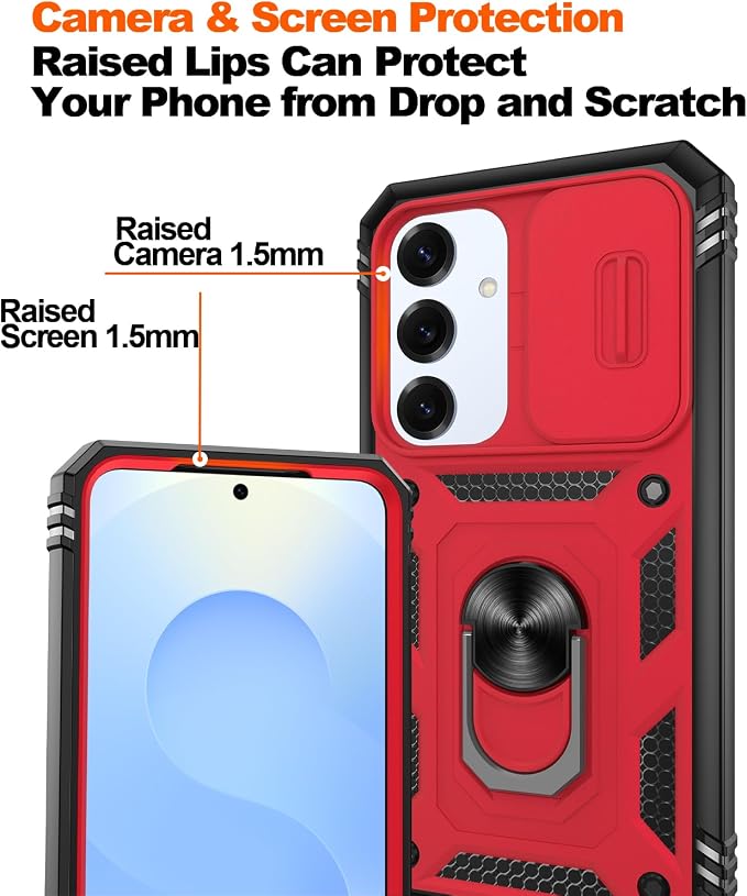Gritup Fit for Samsung Galaxy S25 Case with Slide Camera Cover | 2 Pcs Screen Protector, Build in 360° Rotating Ring Kickstand, Military Grade Protective Phone Case, Red+Black - Image 5