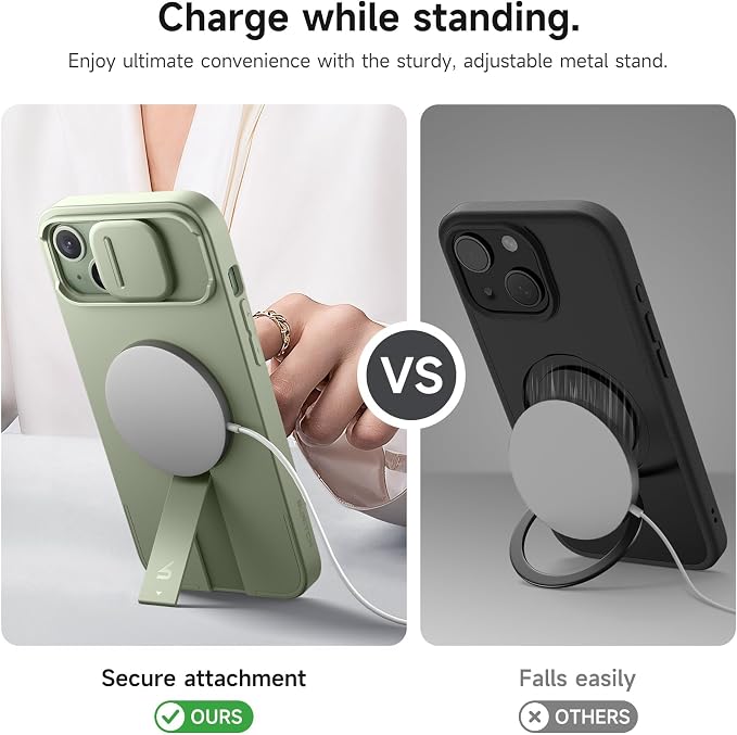 SURITCH for iPhone 14 Plus/15 Plus Case with Magnetic Camera Slide Cover and Adjustable Kickstand, Compatible with MagSafe, Shockproof Bumper Case Slim Protective Cover 6.7 Inch, Green - Image 5