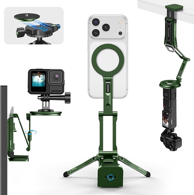 OMOTON TP02-Ultra Multi-Device Camera & Phone Mount with 1/4" Adapter Green | Built-In 1/4" & Arca Base, Clamp, Magnetic & Tripod Setups for iPhone, Pocket/Action Cameras, Overhead & Low-Angle Filming by OMOTON