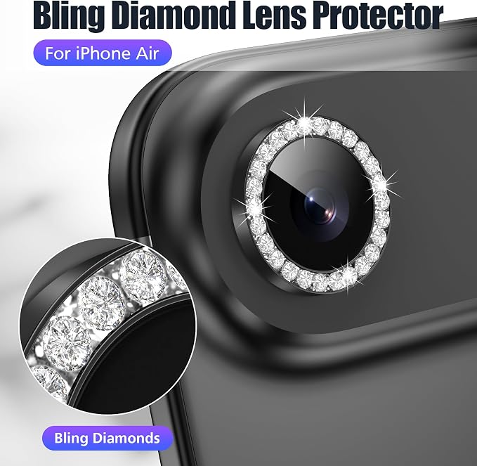AGVEE 3+3 6 Pack for iPhone Air Camera Lens Protector Cover | Individual Bling Diamond & Bling Glitter Sparkle Cute Gem Metal Ring, 9H Tempered HD Glass - Image 4