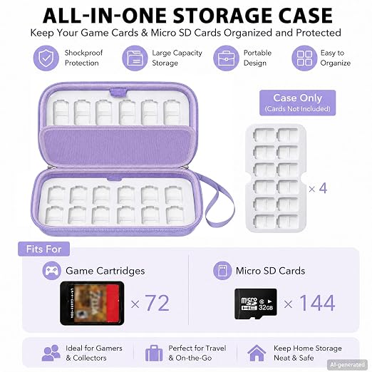Game Card Case for Nintendo Switch, 72 Games and 144 MicroSD Cards, Purple | Hard EVA Memory Card Organizer with Removable EVA-PVC Trays, Fitted Slots and Finger Grooves for Easier Browsing - Image 6