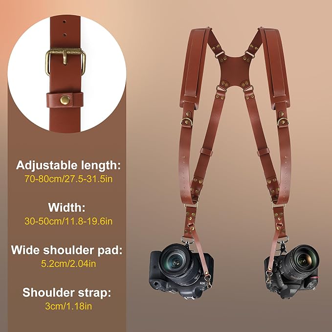 JUNART Camera Strap,Leather Dual Camera Harness with Shoulder Widening Stress Relief, for Two DSLR/SLR Cameras - Image 2