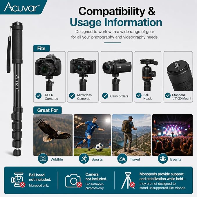 Acuvar 62 Inch Photography Monopod with Safety Strap – Lightweight Aluminum Camera Monopod for Travel & Outdoor Shooting - Image 8