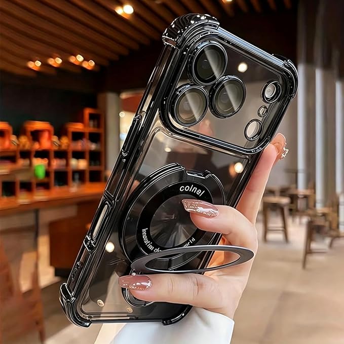 for iPhone 17 Pro Max Clear Case with Magnetic Ring Stand, [Compatible with MagSafe] Shockproof Kickstand Plating Soft Case Camera Lens Protector Girls Phone Cover for 17 Pro Max 6.9", Black by Unknown