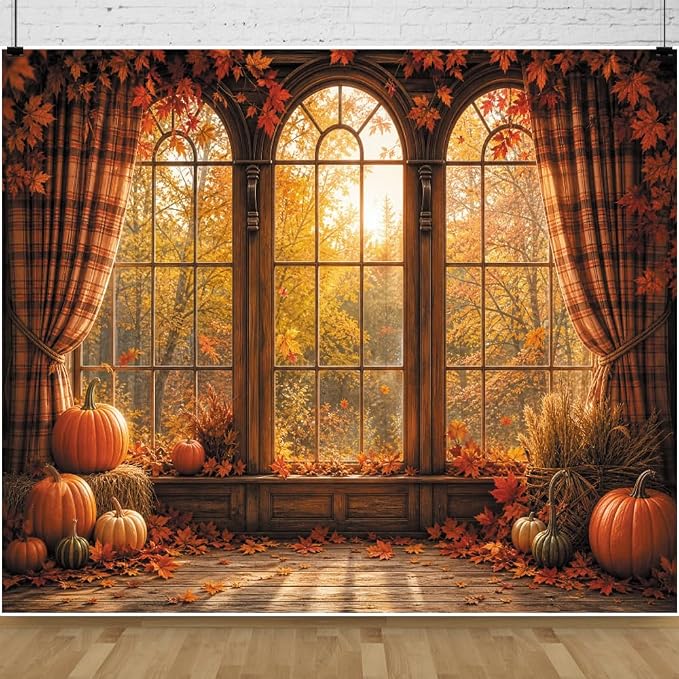 Autumn Fall Window Backdrop 10x8ft Rustic Wooden Arched Window with Pumpkin Maple Leaves Thanksgiving Harvest Photo Background for Party Decor Portrait Photography Booth Props Vinyl by Leowefowa
