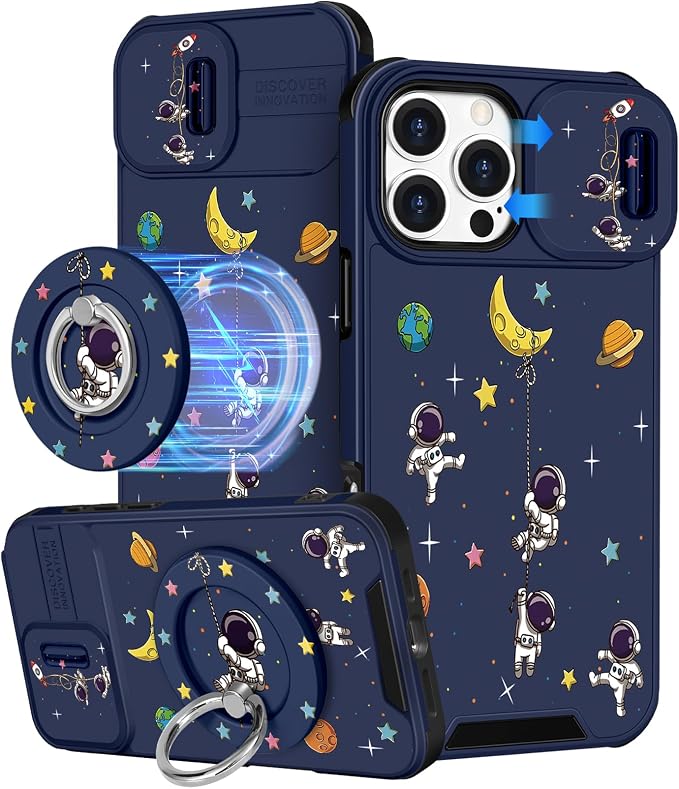 Buleens for iPhone 16 Pro Max Case 6.9 Inch - with Ring Stand & Camera Cover Aesthetic Cute Designed for Women Girls Girly Cartoon Astronaut Phone Case for iPhone 16 Pro Max Compatible with Magsafe by Buleens