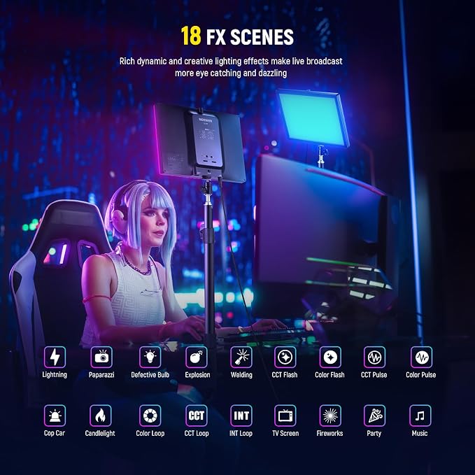 NEEWER GL25C LED RGB Streaming Key Light, APP/PC Control 25W 2500Lux/0.5m 2900K-7000K CRI95+/TLCI97+ Full RGB Dimmable Edge Emitting Silent Webcam Video Light with Desk Stand - Image 5