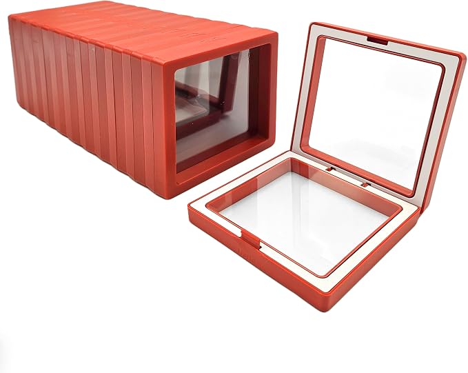 12 PCS Dual-Color Packaging Box 3D Floating Frame Display Stand, Color-Matching Packaging Display Box, Transparent Window Jewelry Case, PE Film Anti-Oxidation Storage Case. (Red+White) by Unknown