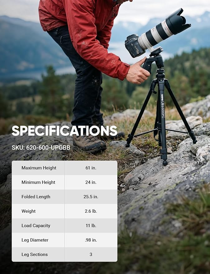 Sunpak 61" Aluminum Video & Camera Tripod with Pistol Grip Ball Head Stand | Lightweight, durable 61" tripod with self-leveling rubber feet, bull's-eye level, and geared center column. - Image 6