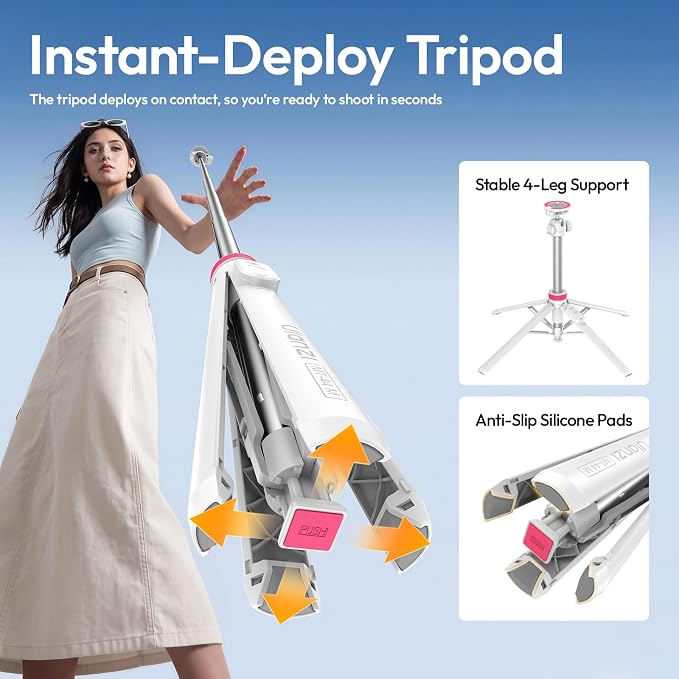 ULANZI MT44M Auto Open Magnetic Phone Tripod, 59" Selfie Stick with Remote | Tripod Stand 2-in-1 Dual Mount&1/4" Screw for Phone&Camera, 360°Ball Head for iPhone Android, Vlogging, Live Streaming(White) - Image 2