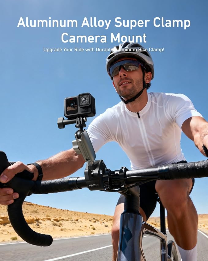 TELESIN Super Clamp Camera Mount with 360° Dual Ball Head, Bike/Bicycle/Motorcycle Handlebar Mount for GoPro Mission 1 PRO/DJI Osmo Pocket 4 3/ DJI Action 6 5 4/ Insta360 Luna Ultra/Xtra Muse Camera - Image 2