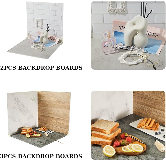 5PCS Double Sided 10 Patterns Photography Backdrop Boards, 16x16 Inch Waterproof Background Surface with 4 Brackets, Cement Marble Wood Brick Texture Backdrop for Food Jewelry Shooting - Image 2