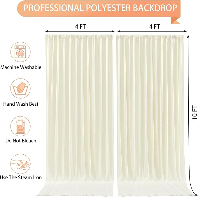 Ivory Backdrop Curtain 2 Panels-Wrinkle-Free Beige Curtains Polyester Photography Drapes for Wedding Party Baby Shower Photo Background Decorations- 8 X10FT (Ivory) - Image 3