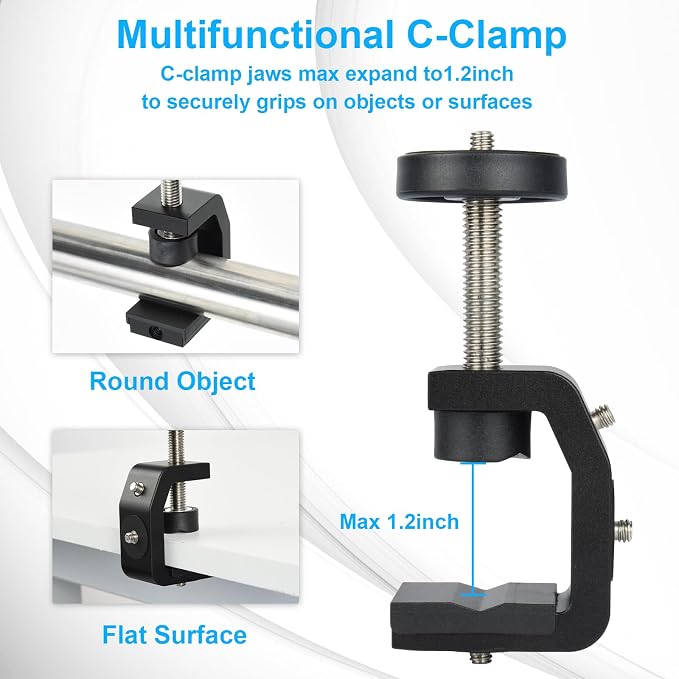 UTEBIT Super Clamp Mount with Mini Ball Head Mount, 30mm | 1/4" Screw Hot Shoe Adapter Camera Clamp for Desk, Bicycle, Gopro Compatible with DJI Action 2/Insta360, Black - Image 6