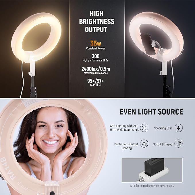 NEEWER 14" Inflatable Large Ring Light with Tripod Stand/Phone Holder/Remote, 35W Portable LED Ringlight 2900-6500K 2400lux CRI95+ for iPhone Selfie Streaming Video Recording Makeup Lash Studio, RA14B - Image 2