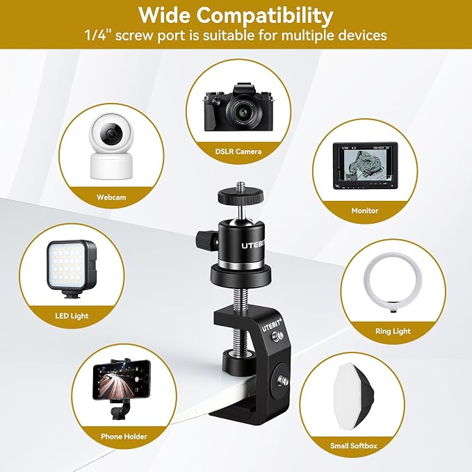 UTEBIT 40mm C-Clamp Camera Mount with Mini Ball Head, Black | 1/4 Thread Hole Metal Clamp with 360° Swivel Ballhead Camera Mount 1/4 Hot Shoe Adapter for Camera Desk Bicycle Woodworking - Image 8