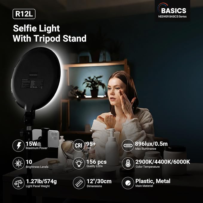 NEEWER BASICS 12" Large Ring Light with 63" Tripod Stand/Phone Holder/Remote Compatible with iPhone, 15W LED Bi Color Full Screen Lighting for Video Recording Selfie Streaming Makeup Photography, R12L - Image 2