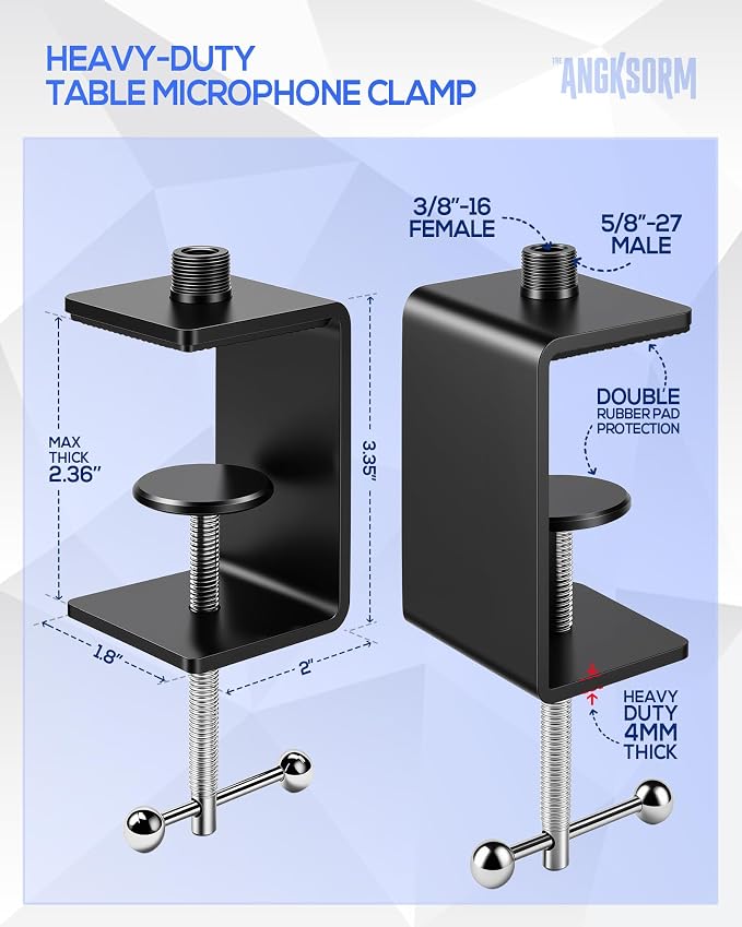 KB47 Table Microphone Clamp Mount, 5/8-27 Male and 3/8-16 Female Threads | Heavy-Duty 2-Pack Desk Mic Stand Base for Boom Arms and Goosenecks, Fits Thick Desks up to 2.36 in, Includes 4 Thread Adapter - Image 2
