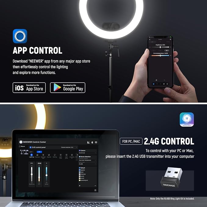 NEEWER 18 Inch Edge Lit Ring Light with Tripod Stand Phone Holder Compatible with iPhone for Video Recording Selfie Makeup Studio Streaming, 45W 2900-7000K APP 2.4G Control Ringlight Lighting, RL45B | Compatible with iPhone, Video Recording Selfie Make... - Image 6