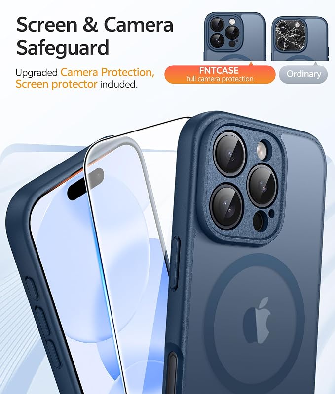 FNTCASE for iPhone 16 Pro Max Case, Fit for Magsafe, Glass Screen Protector | Full Camera Protection, Translucent Matte, 14FT Military Grade Drop Proof, Shockproof Protective Phone Cover, Blue - Image 4