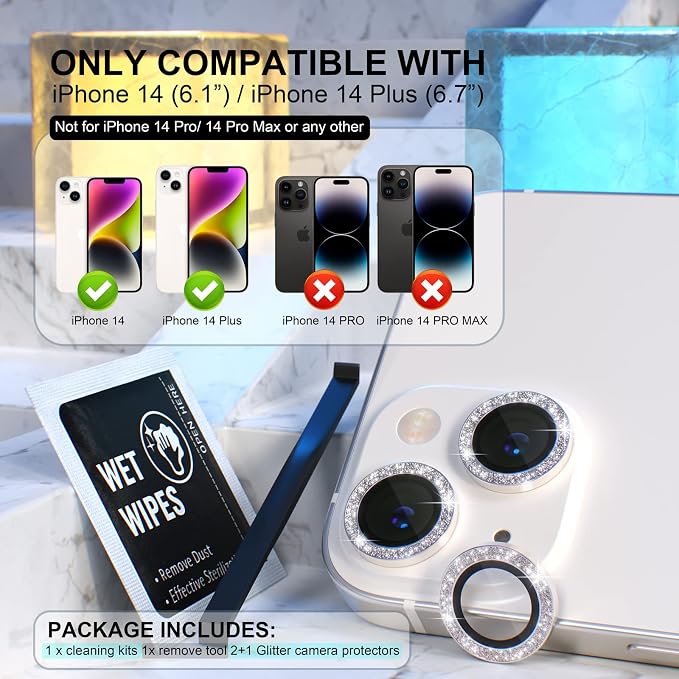 Choiche for iPhone 14/14 Plus Camera Lens Protector Bling, Glitter-Silver | Ultra HD, 9H Tempered Glass Camera Cover Screen Protector Metal Individual Ring Decoration Accessories, 2-Lens, 6.1/6.7-inch - Image 2