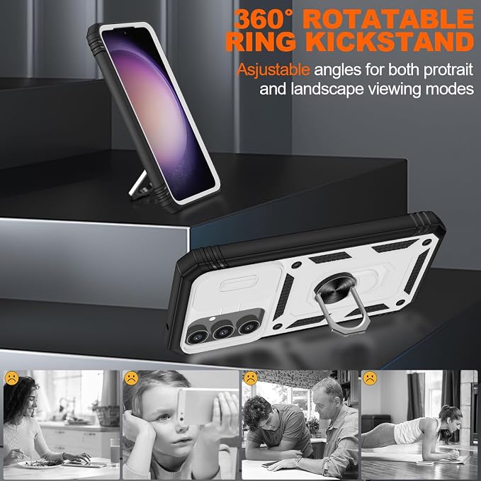 Gritup for Samsung Galaxy S23 FE Case with 2PCS Screen Protector, Build in 360° Rotating Ring Kickstand, Military Grade Protective Case for S23 FE Phone, White+Black - Image 8