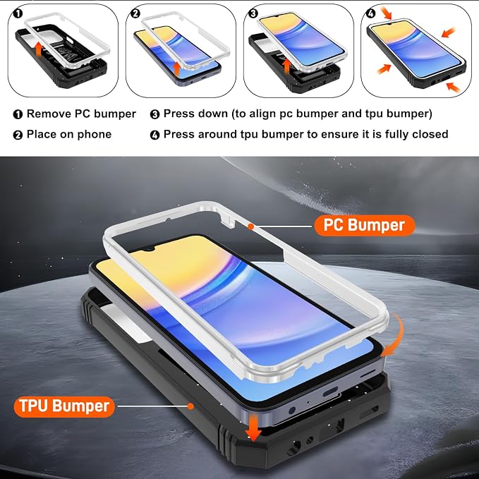 for Samsung Galaxy A15 5G Case with 2PCS Screen Protector, Build in 360° Rotating Ring Kickstand, Military Grade Protective Case for Samsung A15 Phone, White+Black - Image 3