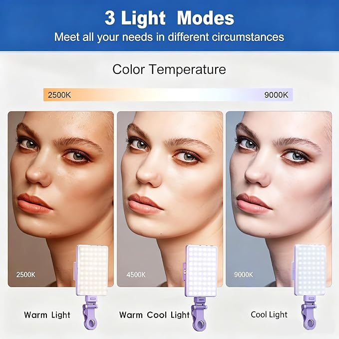 Selfie Light, Phone Light with Front & Back Clip, 60 LED Portable Light with 3 Modes, 5000mAh Rechargeable Video Light for Phone, iPhone, IPad, Laptop, TikTok, Makeup, Live Stream, Vlog(Purple) - Image 3