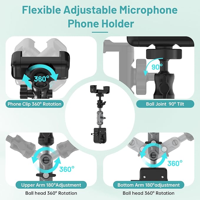 Mic Stand Phone Holder,2-Stage Magic Arm Super Clamp Phone Clip for Microphone Stand, Flexible Adjustable iPhone Music Stands Mount for iPhone17 16 15 14 13 12 11 Galaxy Nexus LG All Smartphones - Image 5