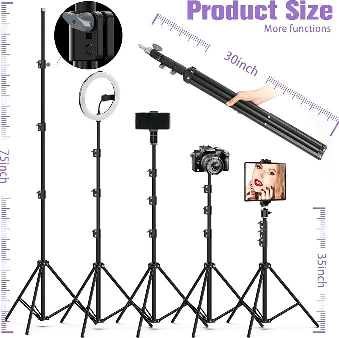 MACTREM Purple 22" Ring Light for iPad iPhone with 75" Tripod Stand Barber | LCDisplay,2 Usb Ports, Fits Ipad/Tablet 12.9", 2600k-6500k Color Temperature, For Barber/Tattoo Tiktok Video Recording Vlog - Image 6