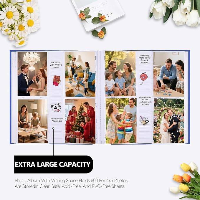 600 Pocket 4x6 Photo Album with Writing Space, Linen Cover, Blue | Large Capacity, 4x6 Album Book, with Memo for Family, Wedding Baby, Travel Memories Graduation Pictures - Image 3