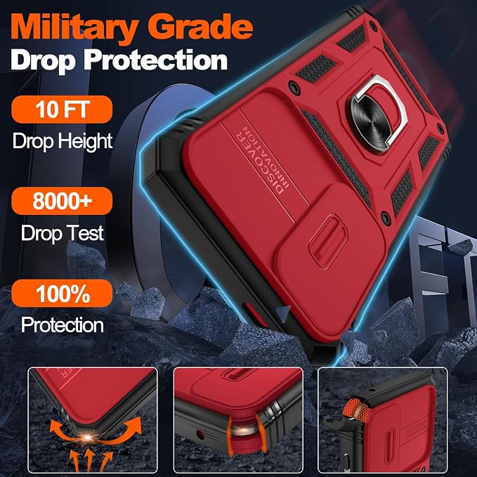Gritup for Phone Case Samsung S24 FE: S24 FE Case with 2*Screen Protector | Magnetic Stand & Slide Camera Cover | Shock Proof Military-Grade Funda para S 24 FE Cover -Red+Black - Image 3