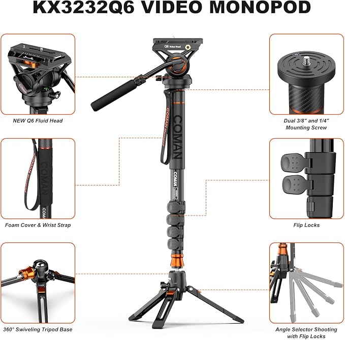 Professional Camera Monopod with Feet, 73.2 inch Aluminum Portable Travel Video Monopod with Removable Tripod Stand Base, Max Load 22 Lbs, New Q6 Fluid Head for DJI RS4 Manfrotto, KX3232Q6 - Image 5