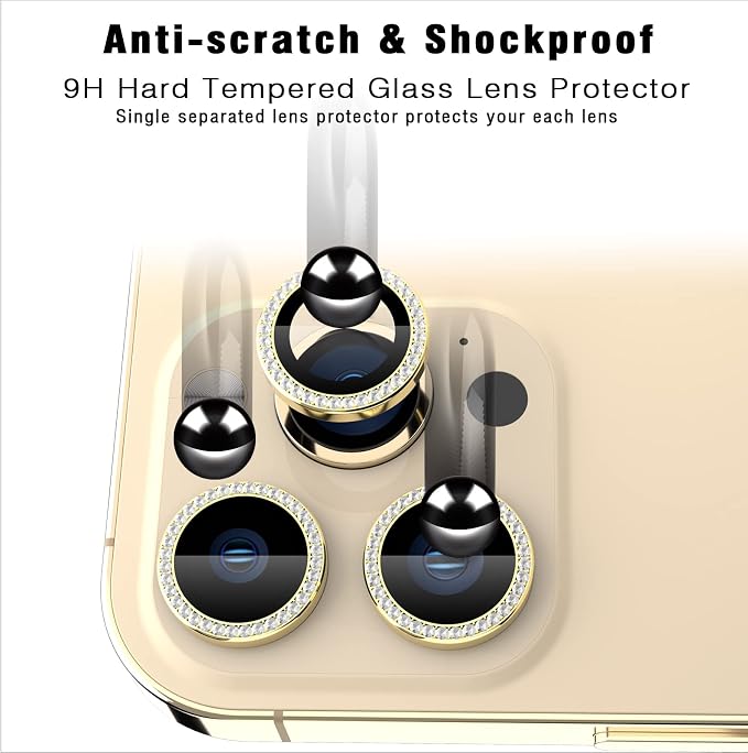iPhone 13 Pro/13 Pro Max Camera Lens Protector Bling Diamond, Gold | Individual Metal, 9H Hardness, Scratch Resistant, Shockproof, Drop Protection, Case Friendly, Stylish Accessories - Image 5